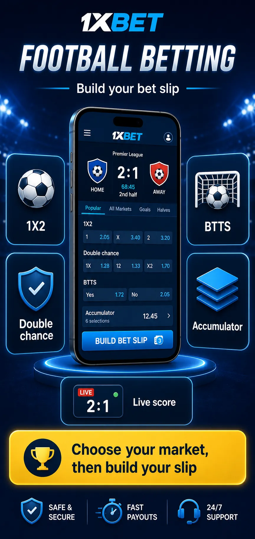 Football infographic with a live match, live score, 1X2, double chance, total goals, bet slip, cash out and a warning that no score is guaranteed